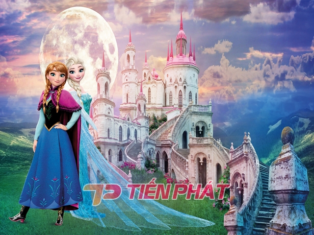 Tranh 3D Dán Tường Công Chúa Elsa Anna Và Lâu Đài TTE8018