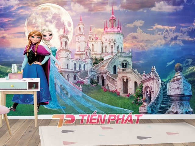 Tranh 3D Dán Tường Công Chúa Elsa Anna Và Lâu Đài TTE8018