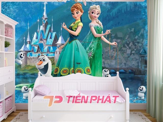 Tranh 3D Dán Tường Công Chúa Elsa Anna Và Lâu Đài TTE8029